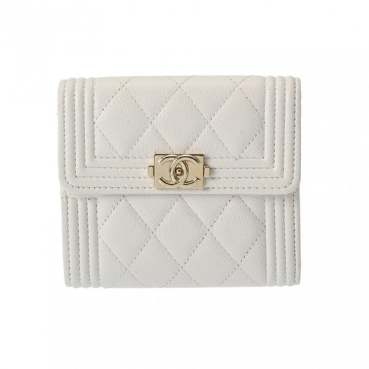 CHANEL Boy Chanel Compact Wallet White Women's Caviar Skin Tri-fold