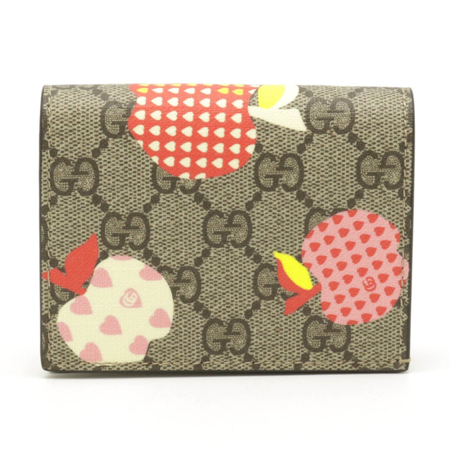 Gucci GG Supreme Les Pomme Compact Bifold Wallet Apple Heart PVC Beige Red Multicolor 663922