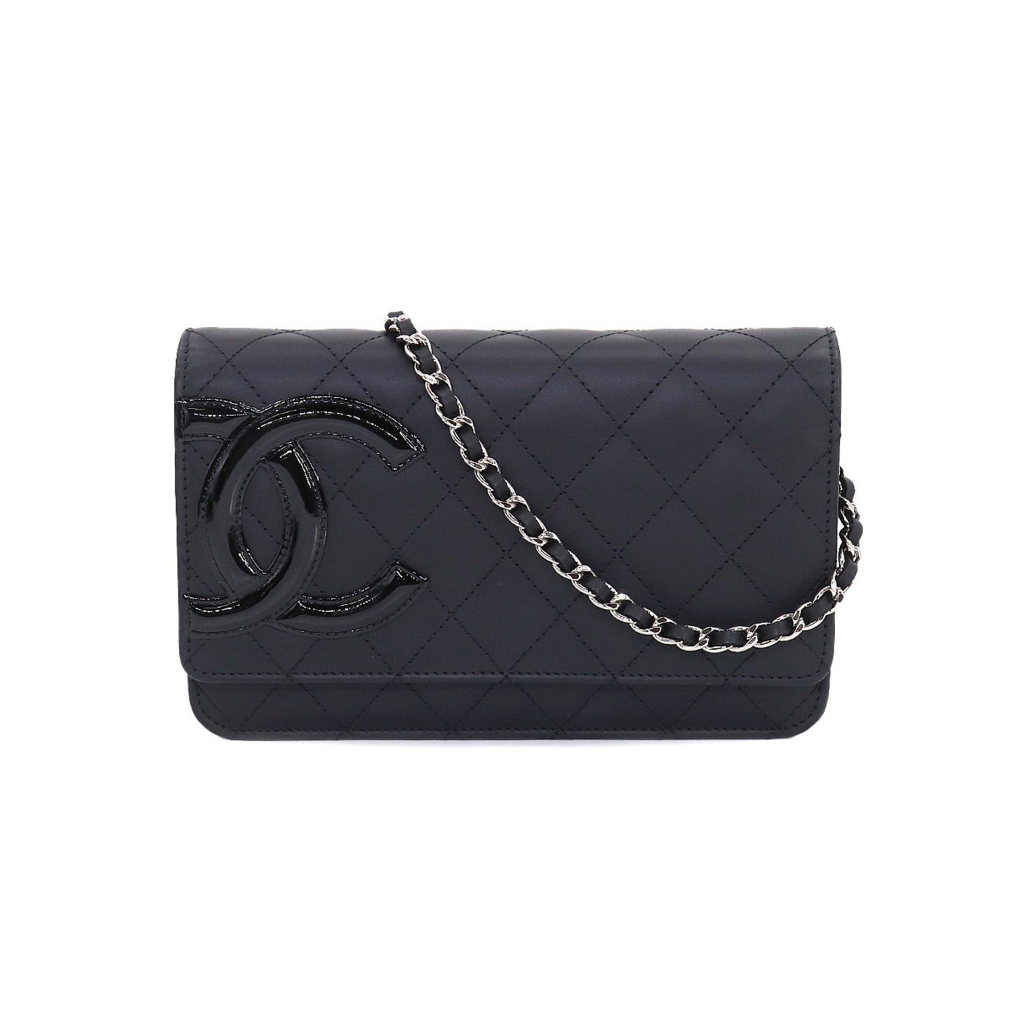 CHANEL Cambon Line Chain Wallet Bifold Long Leather Enamel Black A46646