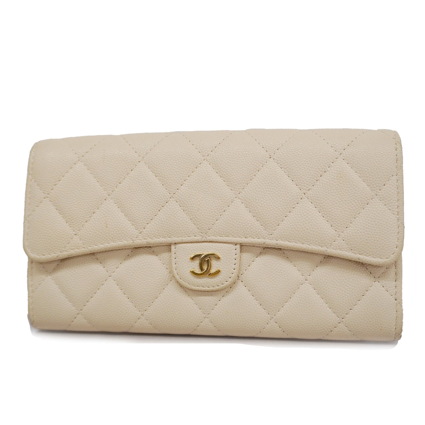 ChanelAuth  Matelasse Long Wallet [bi-fold] Gold Hardware Caviar Leather Ivory