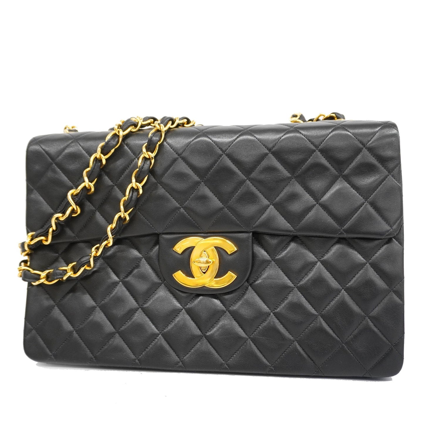 ChanelAuth  Big Matelasse W Chain Women's Leather Shoulder Bag Black