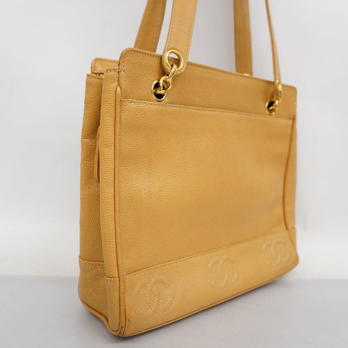 ChanelAuth  Triple Coco Women's Caviar Leather Shoulder Bag Beige