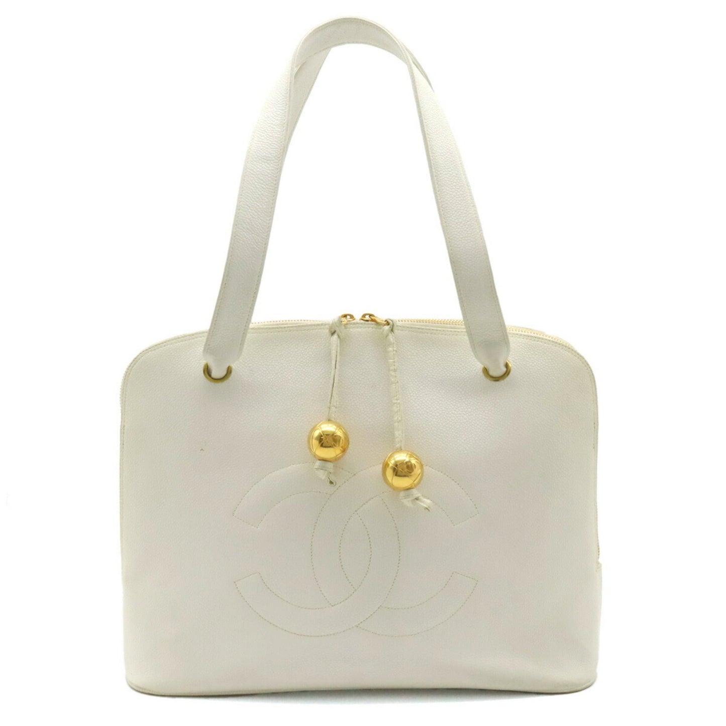 Chanel Coco Ball Mark Tote Bag Shoulder Caviar Skin Leather White
