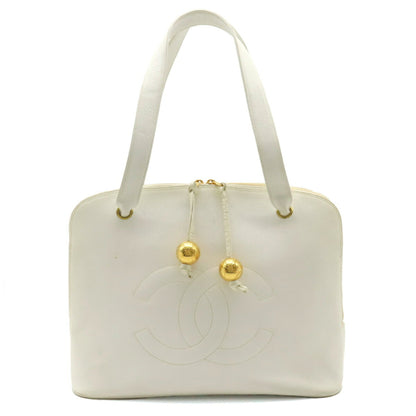 Chanel Coco Ball Mark Tote Bag Shoulder Caviar Skin Leather White