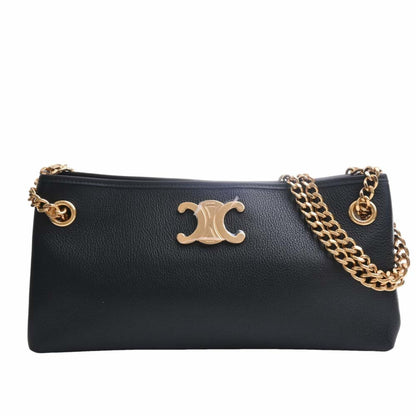 Celine Leather Medium Newspaper Triomphe Chain Shoulder Bag Black Women's