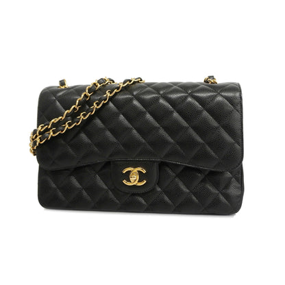 Chanel[3bd4366-e-g] Auth  Big Matelasse W Flap W Chain Women's Caviar Leather Shoulder Bag