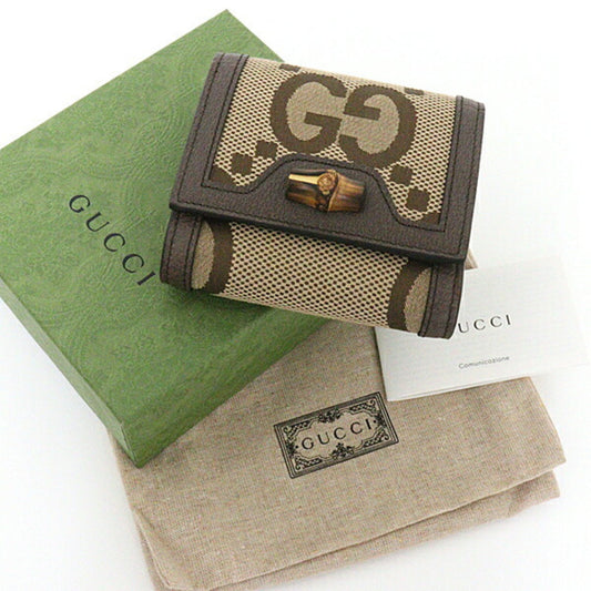 GUCCI Jumbo GG Diana Bamboo Compact Wallet Bifold L-shaped Zipper Coin Purse Canvas 658635 Brown Gold Hardware