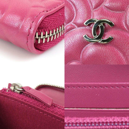 CHANEL Round Zipper Long Wallet Leather Pink Women's