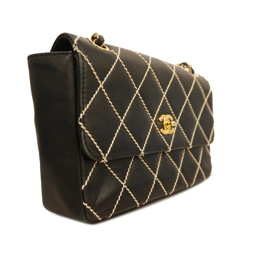 Chanel shoulder bag wild stitch W chain leather black gold metal