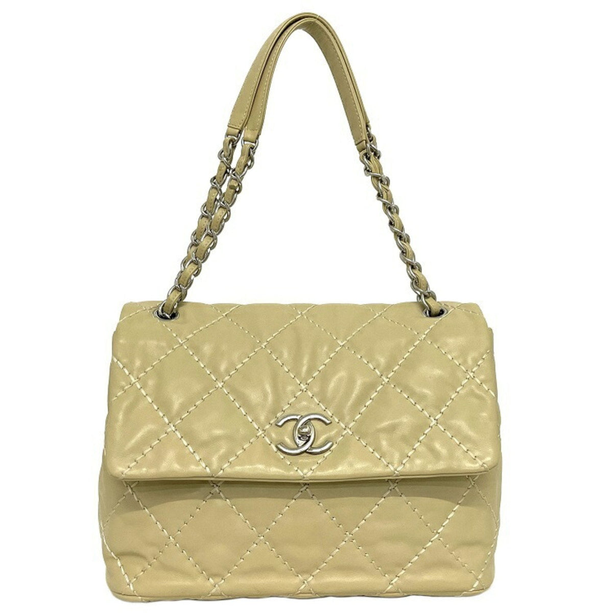 Chanel Chain Shoulder Bag Beige Silver Wild Stitch Lambskin Leather 17s CHANEL Coco Mark Matrasse Flap Turn Lock Ladies Genuine