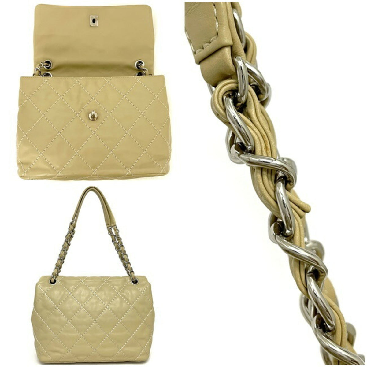 Chanel Chain Shoulder Bag Beige Silver Wild Stitch Lambskin Leather 17s CHANEL Coco Mark Matrasse Flap Turn Lock Ladies Genuine