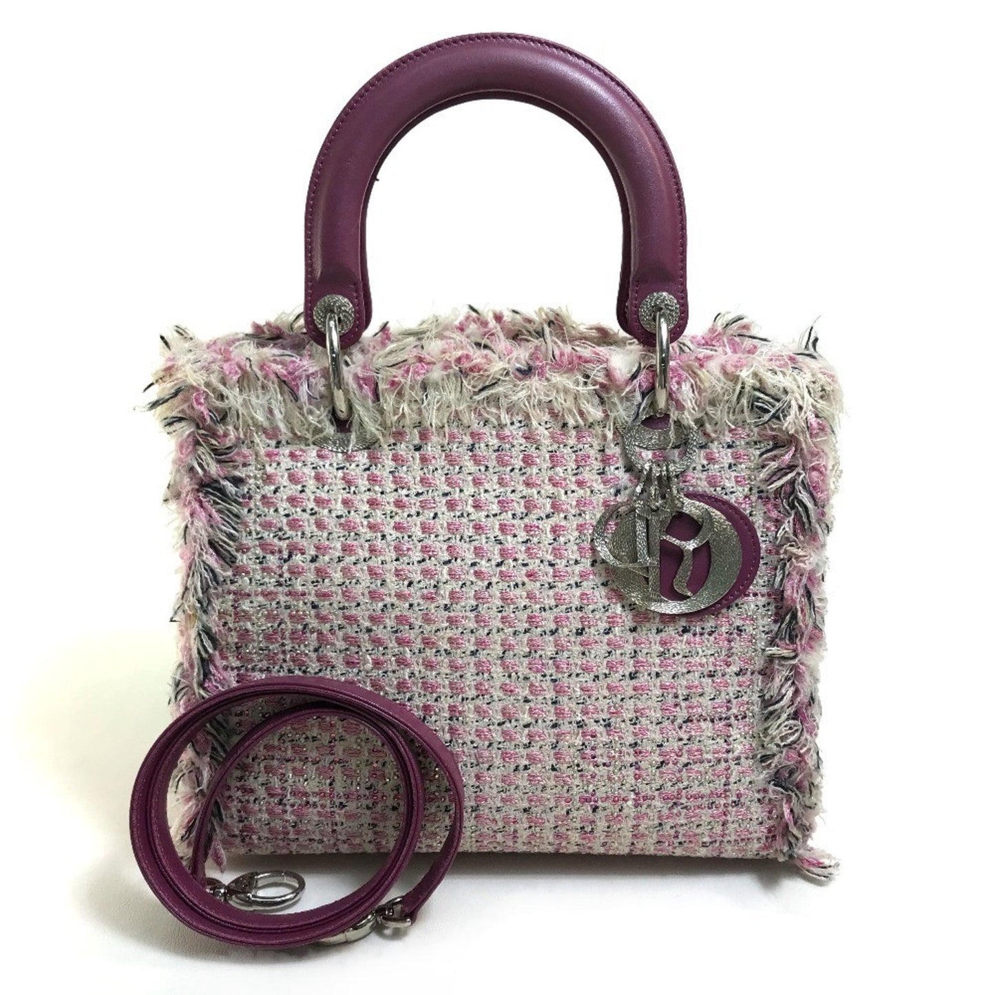 Christian Dior Lady Dior Pink Purple White Tweed Handbag Shoulder Bag ()