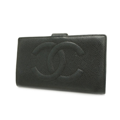 Chanel[3cc2399]   long wallet caviar skin black gold metal