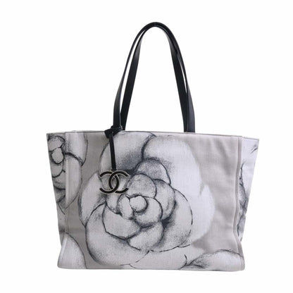 Chanel Canvas Camellia Tote Bag Black/Gray/White Women's