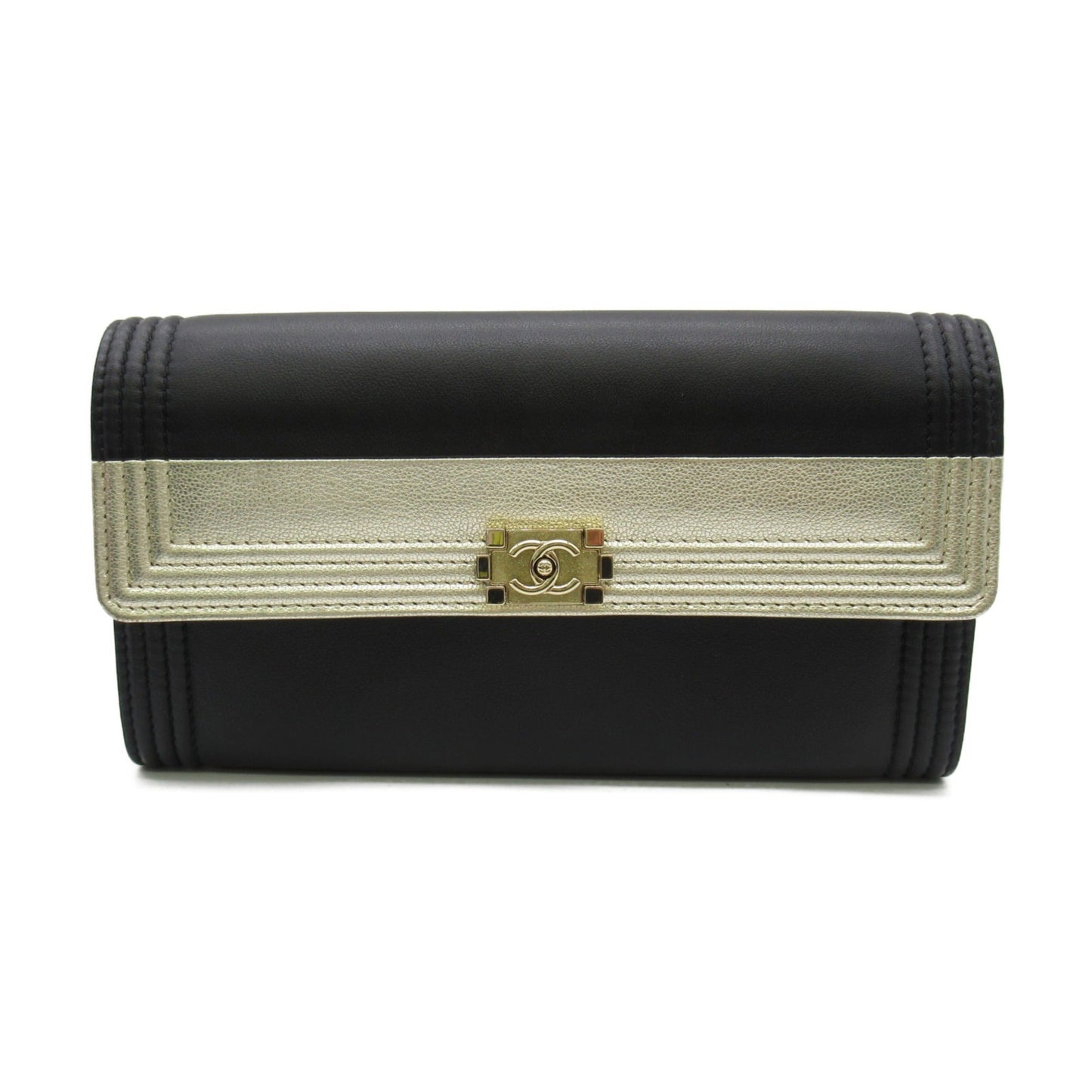 CHANEL Bifold long wallet Black Lambskin (sheep leather) Calfskin (cowhide)