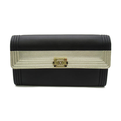 CHANEL Bifold long wallet Black Lambskin (sheep leather) Calfskin (cowhide)