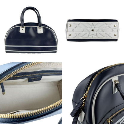 Christian Dior Navy White Leather Handbag Shoulder Bag ()