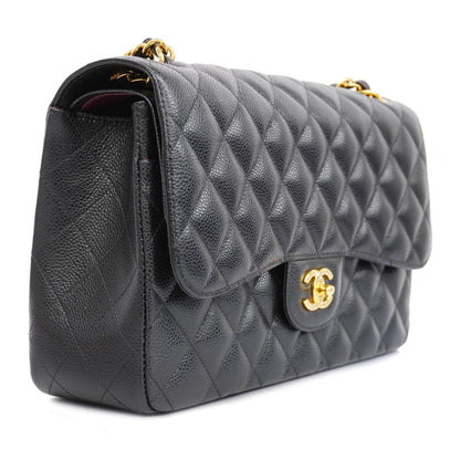 ChanelAuth  Big Matelasse W Flap W Chain Women's Leather Shoulder Bag Black