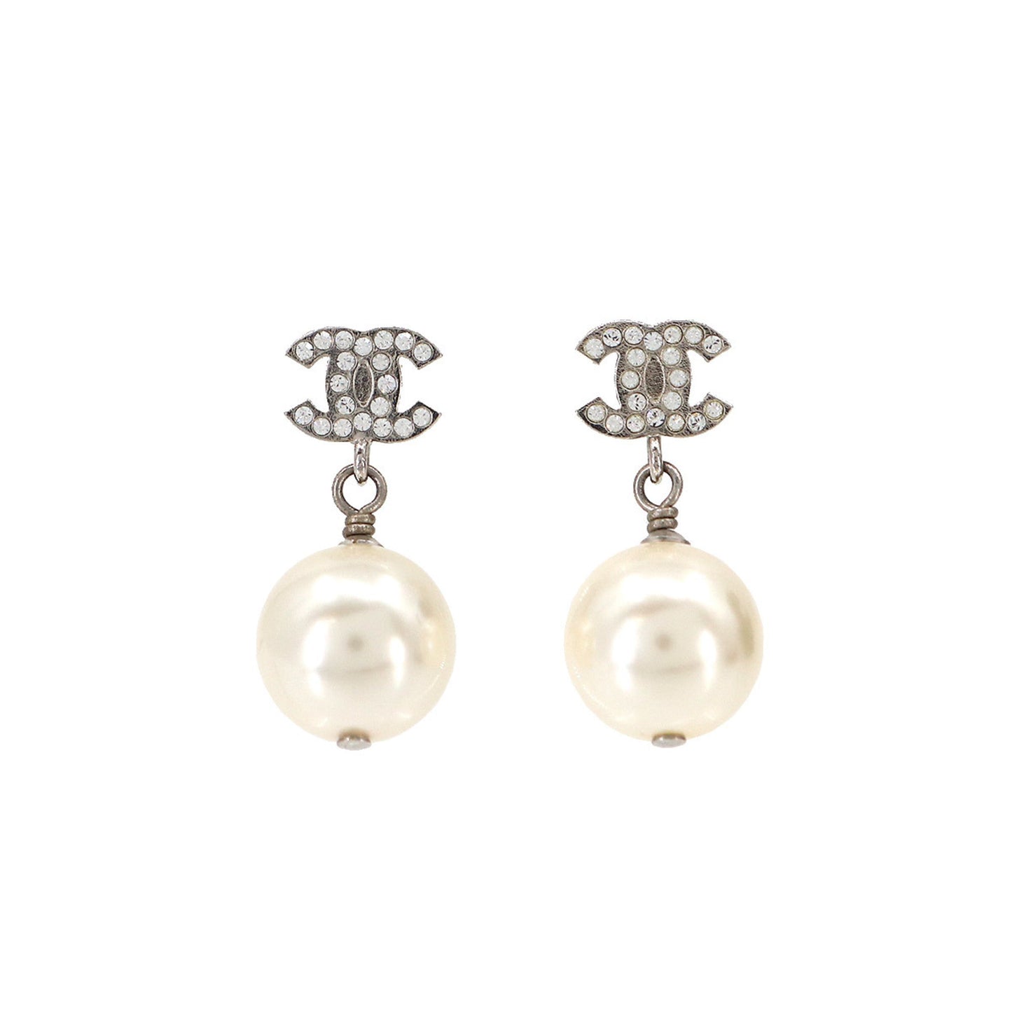 Chanel Cocomark Fake Pearl Rhinestone Earrings Swing Silver A20V Accessories