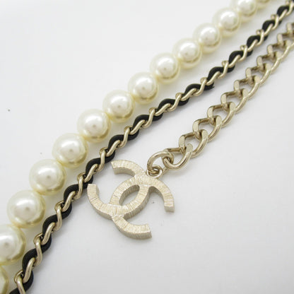 CHANEL Belt with pearls B21K Gold Black leather metal AB7084