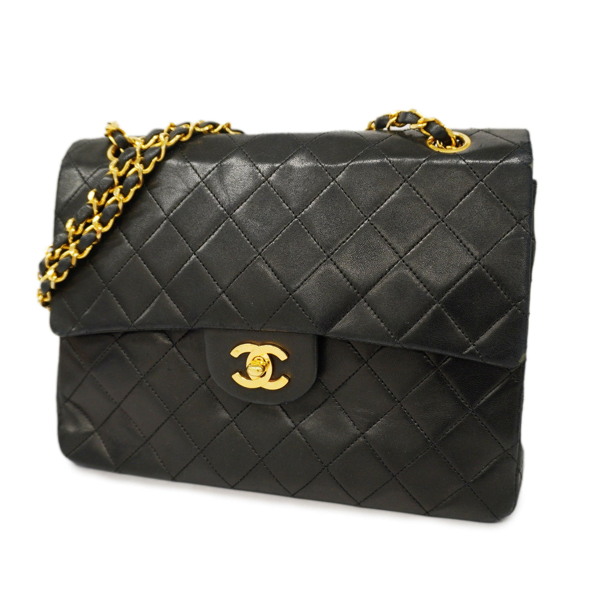 ChanelAuth  Matelasse W Flap W Chain Lambskin Women's Leather Shoulder Bag Black