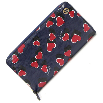 GUCCI Round Long Wallet 309705 Navy Red Leather Heart Ladies