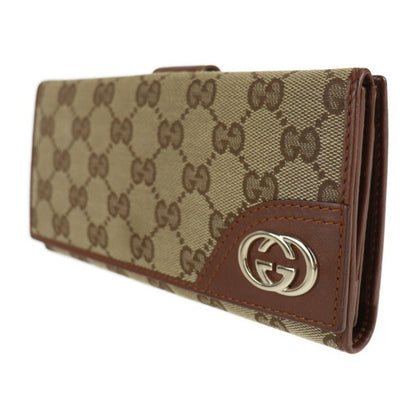 Gucci GG canvas bi-fold wallet 181593 leather brown gold metal fittings W hook long