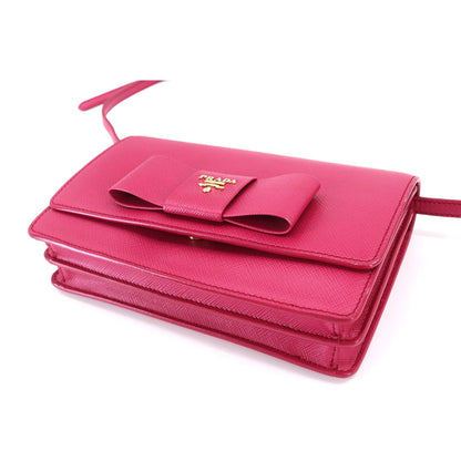 Prada Saffiano Shoulder Wallet Long Leather Pink BT1009 Gold Metal Fittings Ribbon