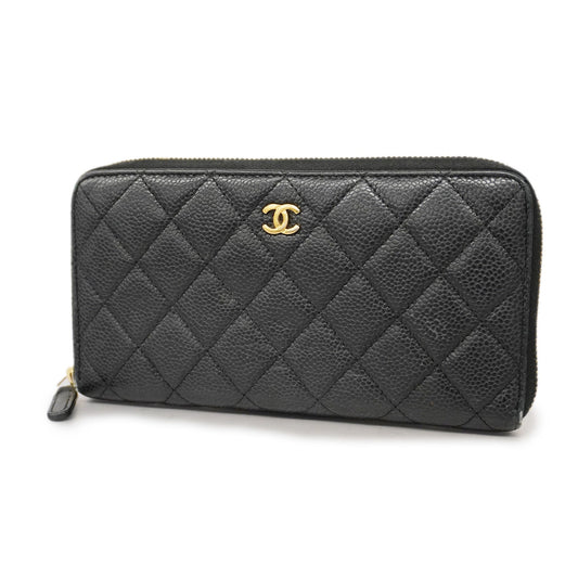 CHANEL Matelasse Gold Hardware Women's Caviar Leather Long Wallet Black