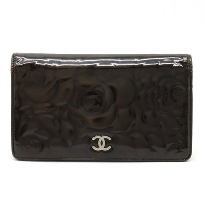 Chanel Camellia Motif Here Mark Bifold Patent Leather Enamel Black A36544