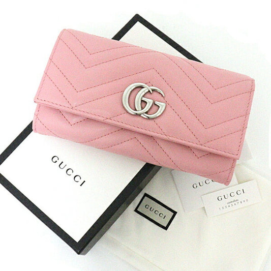 GUCCI GG Marmont Continental Wallet Bifold Long Double G Chevron Quilted Leather 443436 Pink Silver Hardware