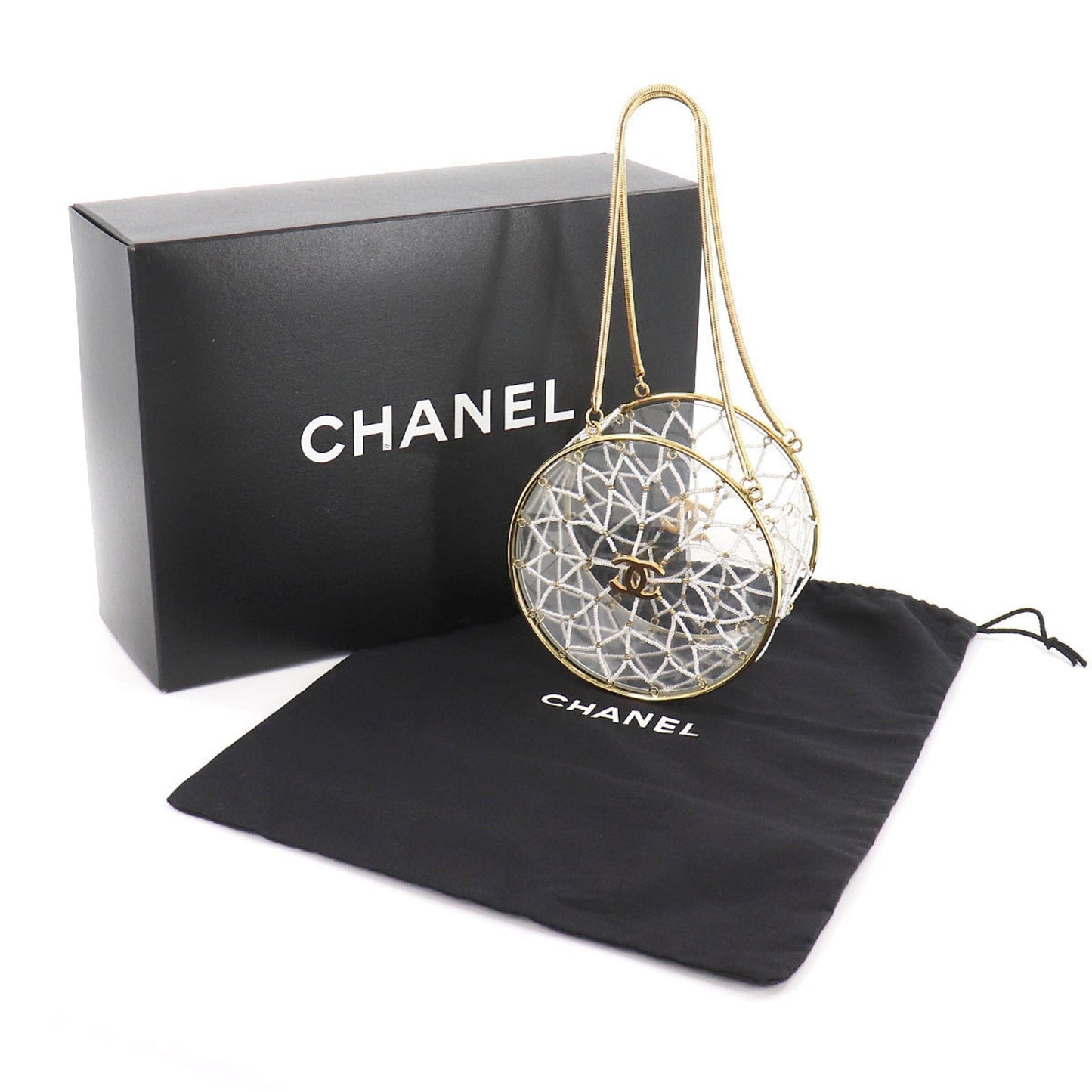 Chanel beads hand bag clear white gold metal fittings here mark