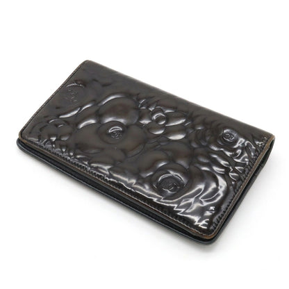 Chanel Camellia Motif Here Mark Bifold Patent Leather Enamel Black A36544