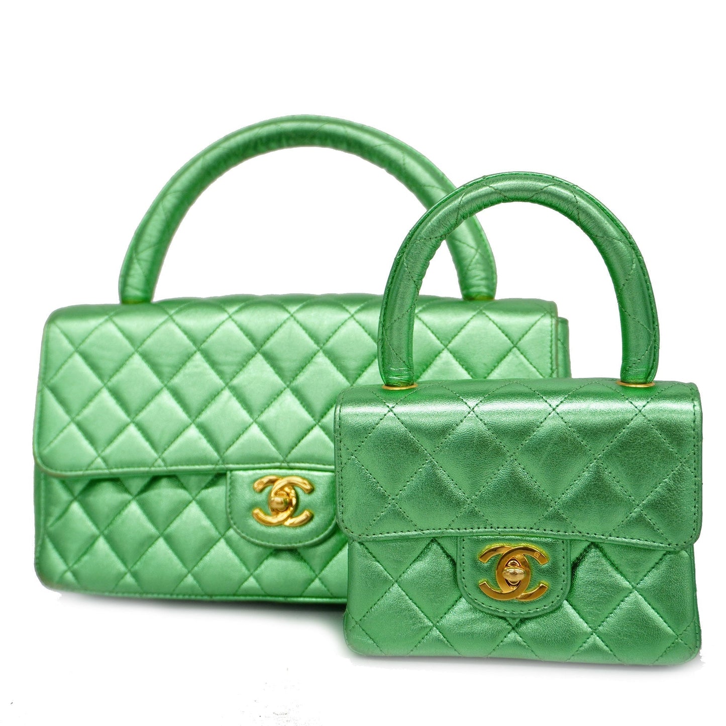 Chanel[3ca0443] Auth  handBag Matelasse parent-child Bag lambskin metallic green gold metal