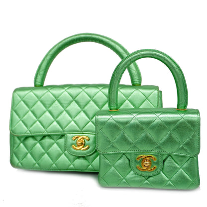 Chanel[3ca0443] Auth  handBag Matelasse parent-child Bag lambskin metallic green gold metal