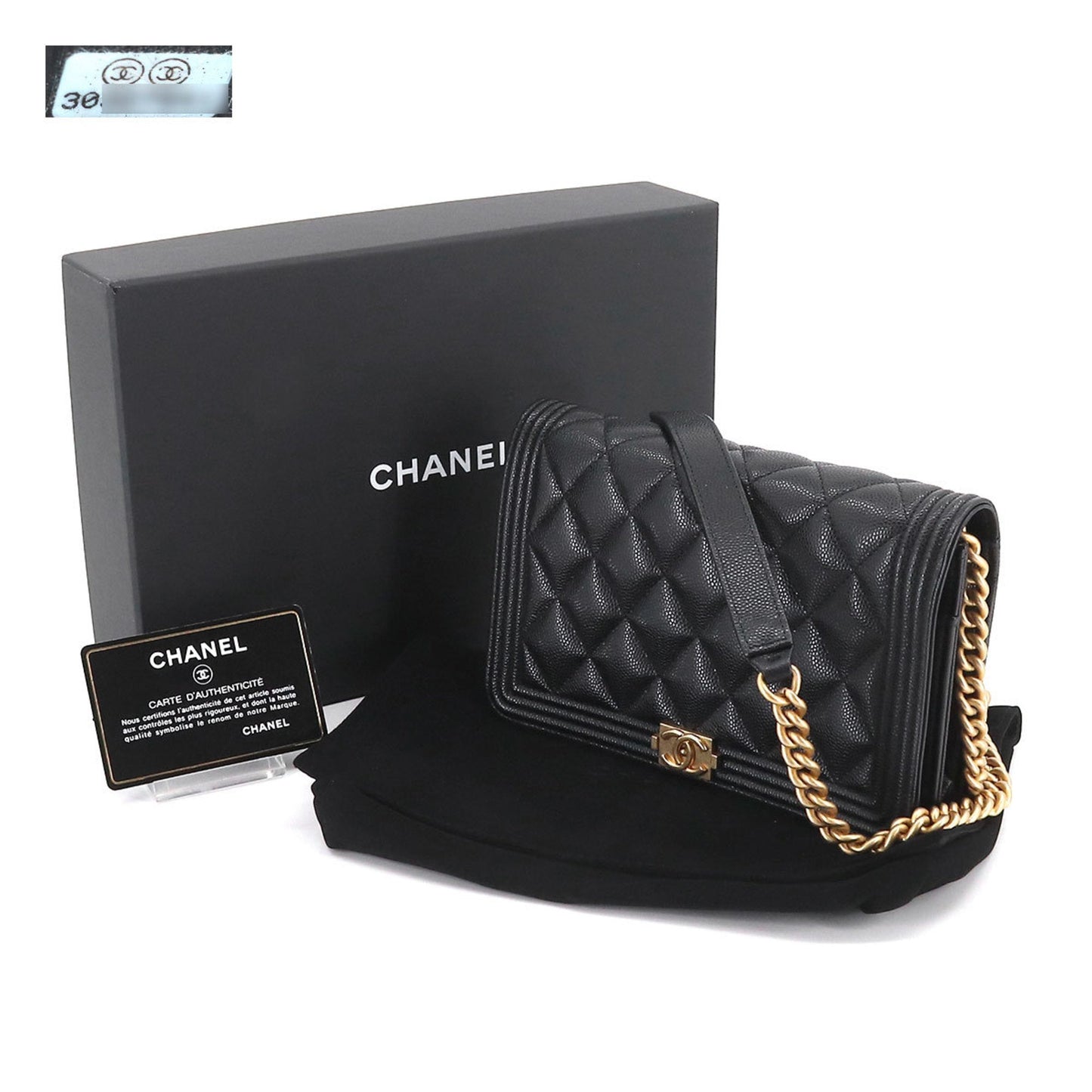 CHANEL Boy  Chain Wallet Long Caviar Skin Black AP1117 Gold Hardware