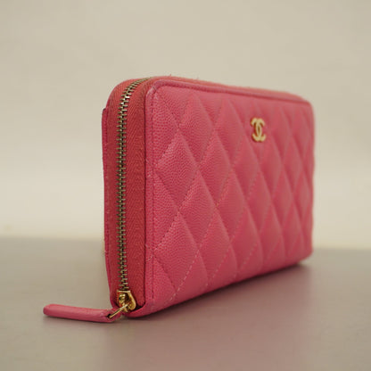 ChanelAuth  Matelasse Gold Hardware Women's Caviar Leather Long Wallet Pink