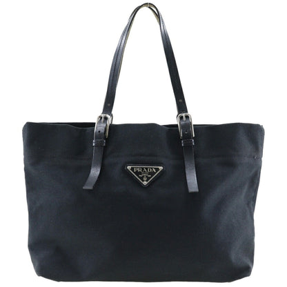 Prada logo plate tote Bag canvas made in Italy black shoulder handBag A4 open with ladies