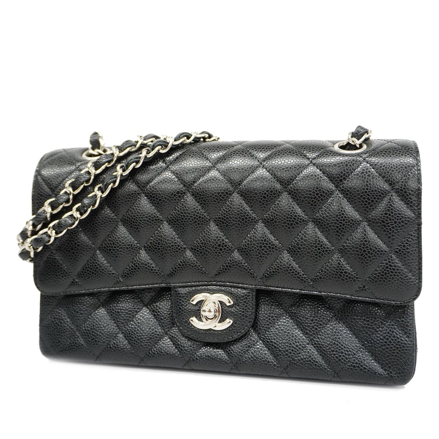 ChanelAuth  Matelasse W Flap W Chain Women's Caviar Leather Shoulder Bag Black