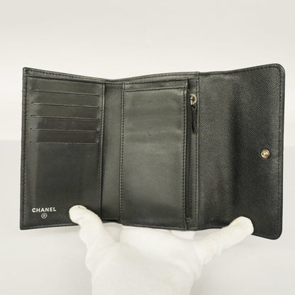 ChanelAuth  Boy  Tri-fold Wallet Silver Metal Fittings Women's Caviar