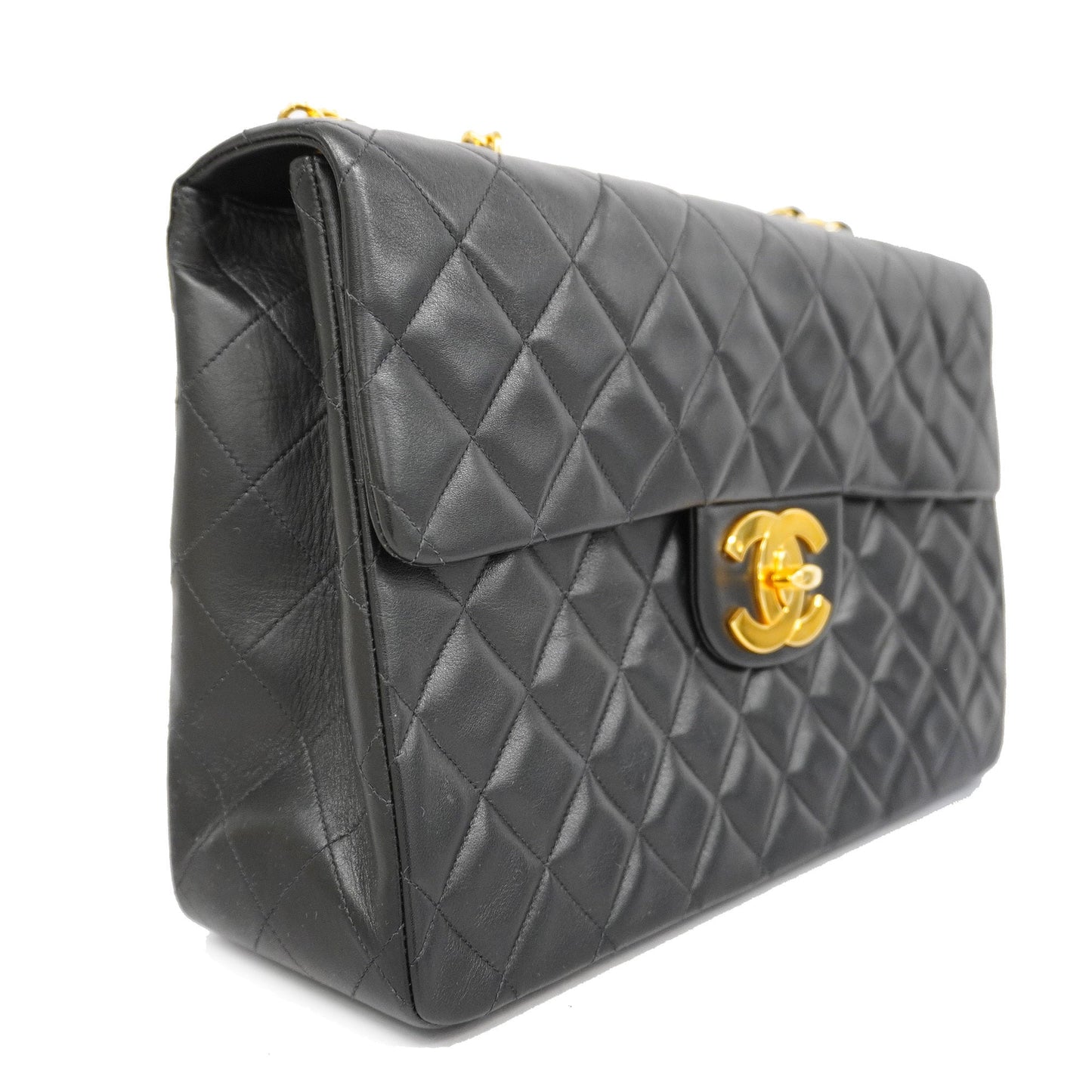 ChanelAuth  Big Matelasse W Chain Women's Leather Shoulder Bag Black