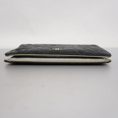 CHANEL Camellia Bi-fold Long Wallet With Silver Metal Women's Lambskin