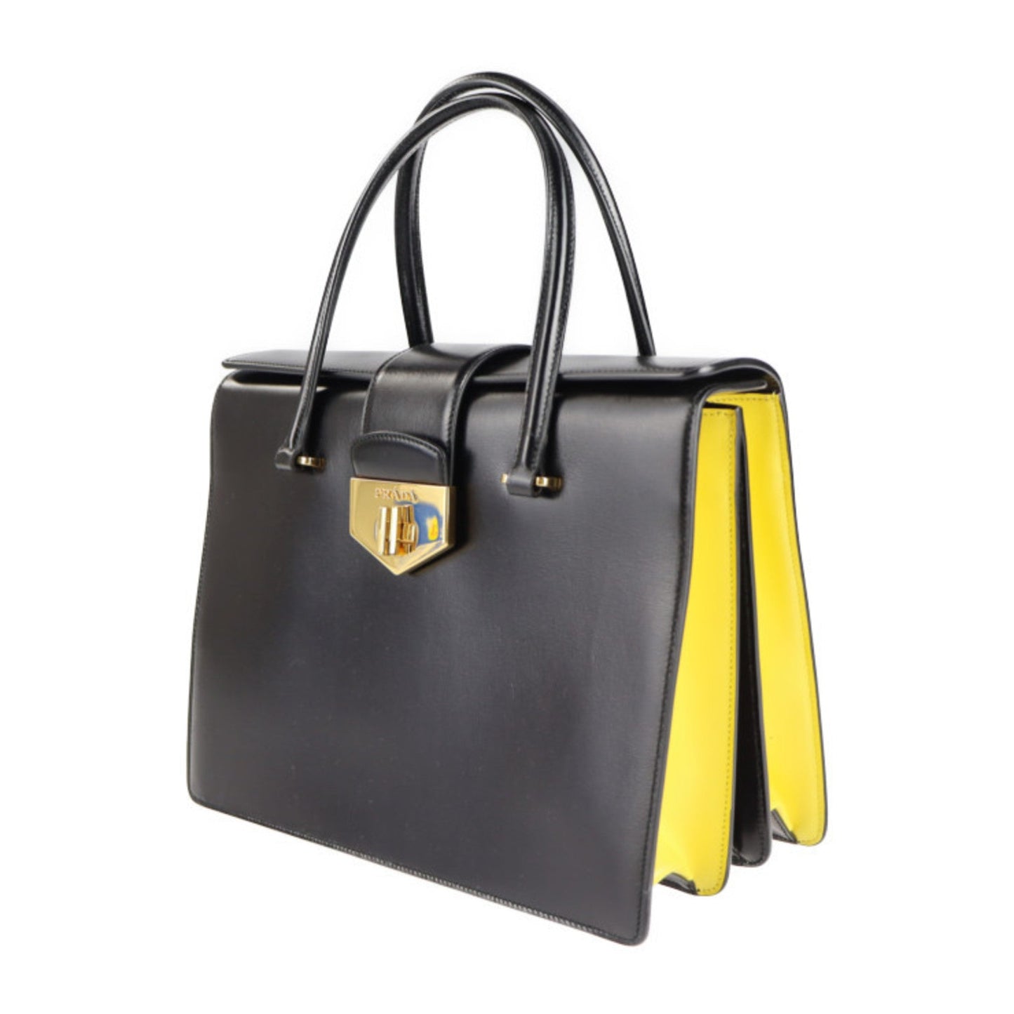 Prada turn lock handBag B2725C box calf black yellow