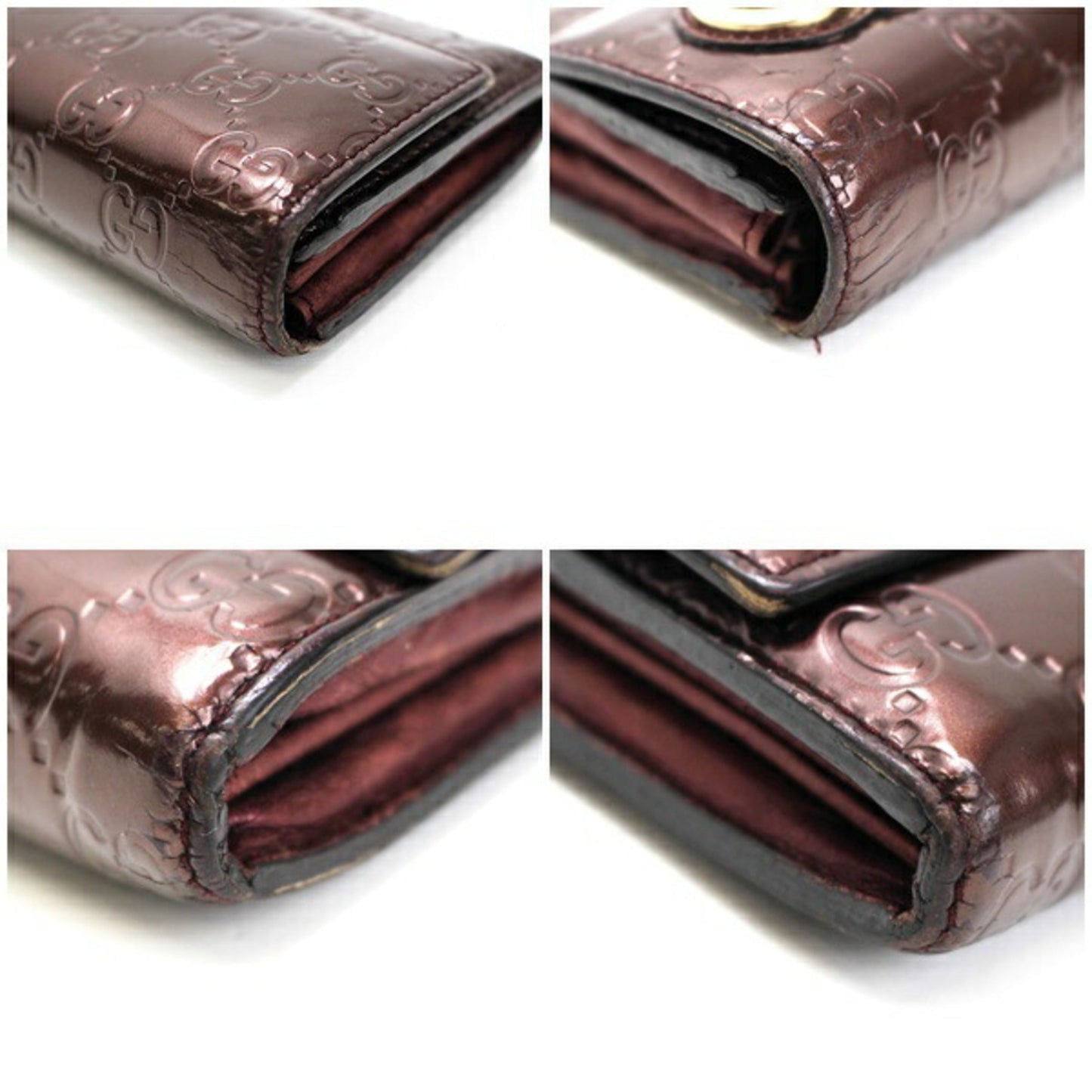 Gucci Shima Bi-Fold Wallet Lovely Heart Patent Leather Brown 251861 Ladies Logo Enamel