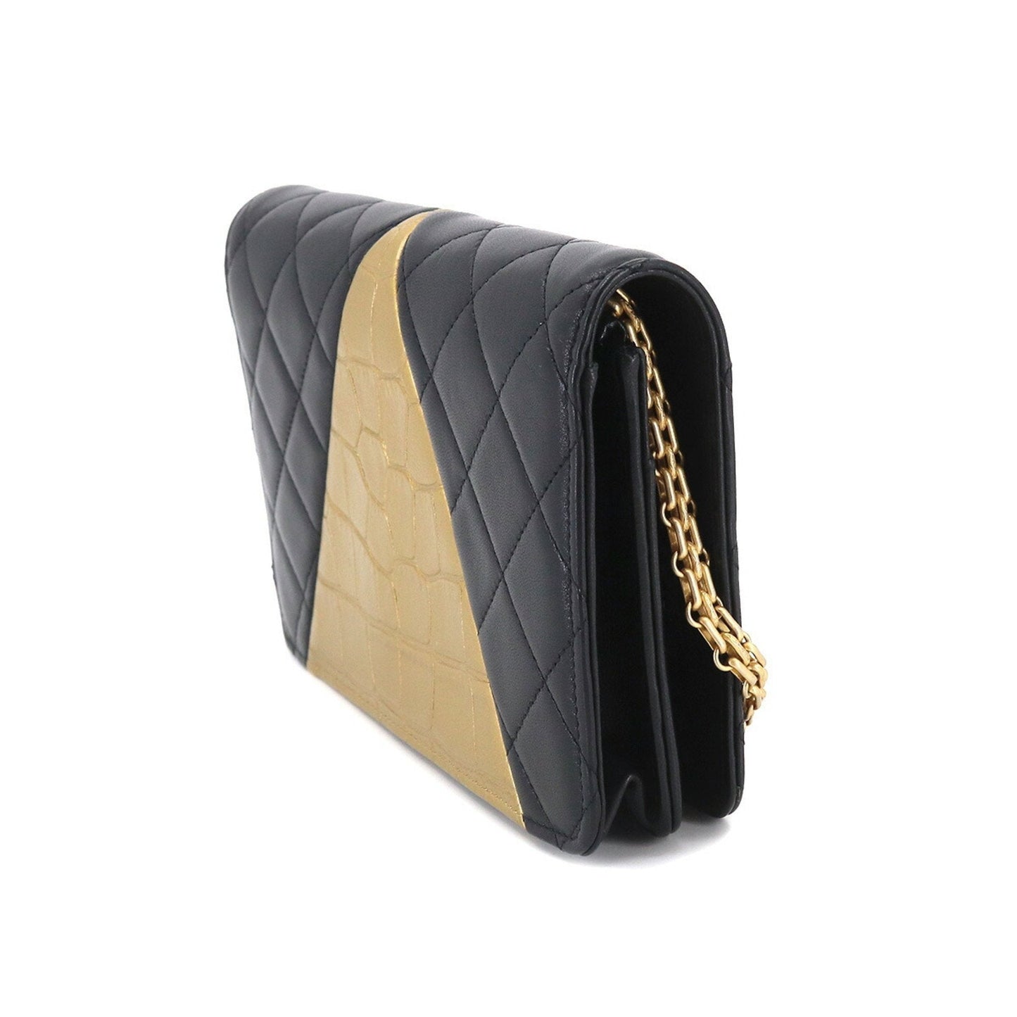 CHANEL 2.55 Chain Wallet Long Leather Black Gold Embossed Matelasse