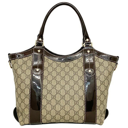 Gucci Tote Bag Beige Brown GG Supreme 203521 PVC Patent Leather GUCCI Handbag Plus Charm Enamel Ribbon Ladies