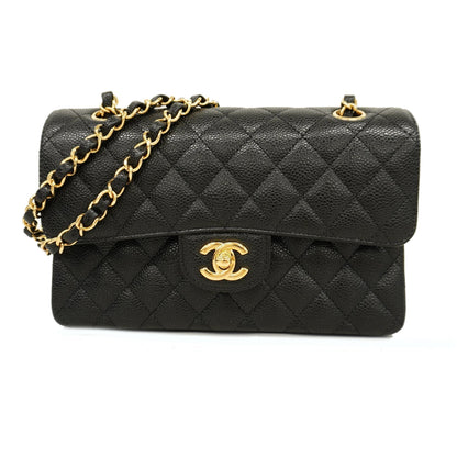 CHANELAuth  Matelasse W Flap W Chain Women's Caviar Leather Shoulder Bag Black