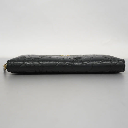 ChanelAuth  Camellia Long Wallet [bi-fold] Gold Hardware Women's Lambskin Black