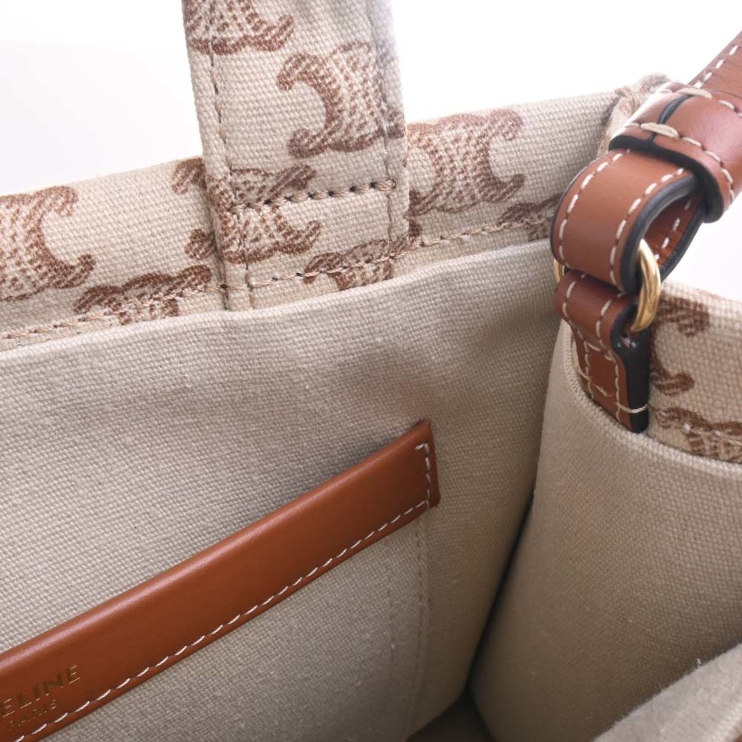 Celine Small Hippo Tice Canvas Leather Triomphe Handbag Beige/Brown Women's