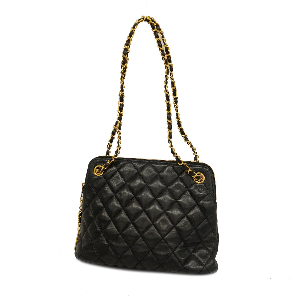 CHANELAuth  Matelasse Chain Shoulder With Fringes Leather Shoulder Bag Black